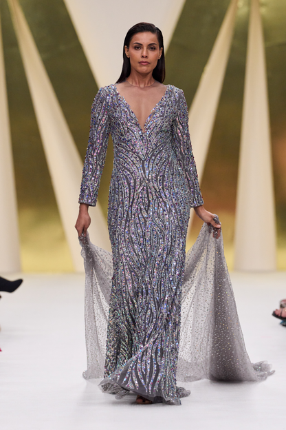 Dark Grey Multi Stone & Sequin Embroidered Gown