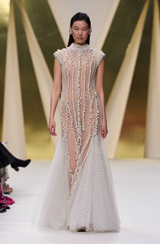 White Pearl Embroidered Tulle Gown