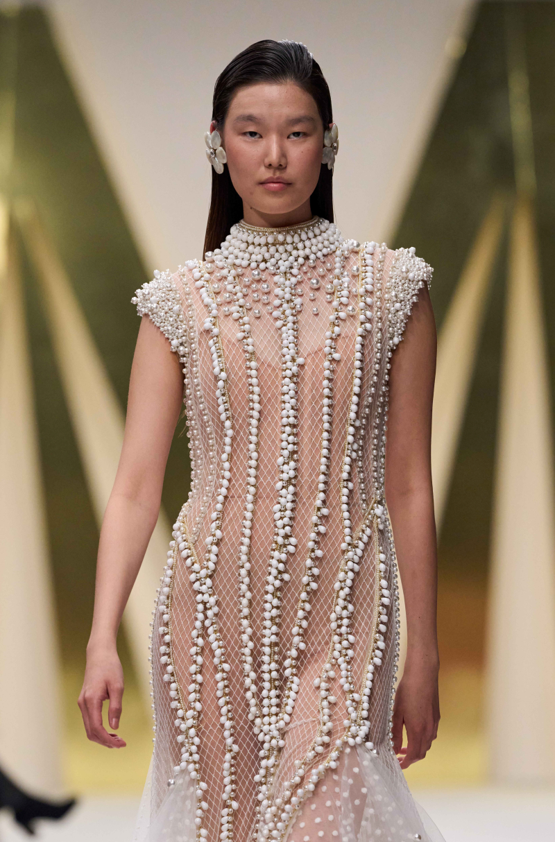 White Pearl Embroidered Tulle Gown