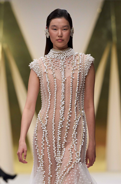 White Pearl Embroidered Tulle Gown