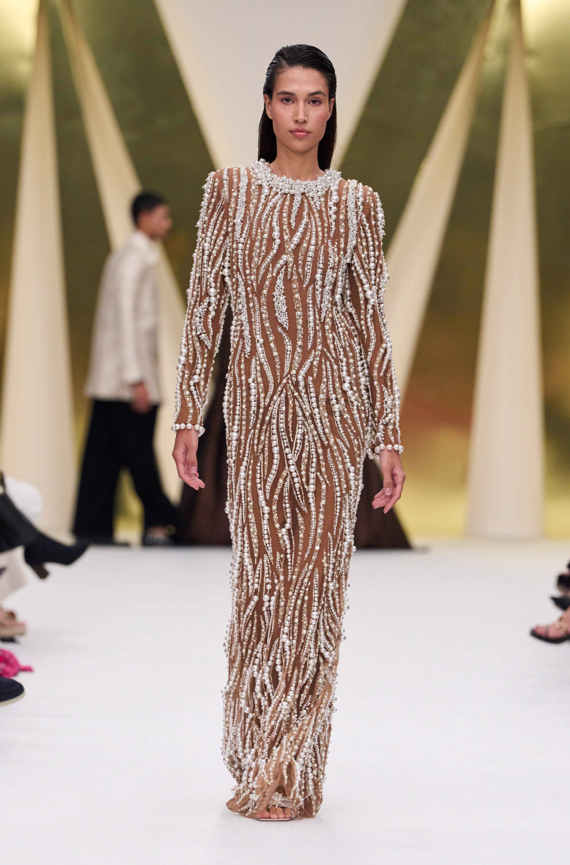 Brown Tulle Pearl Embroidered Gown