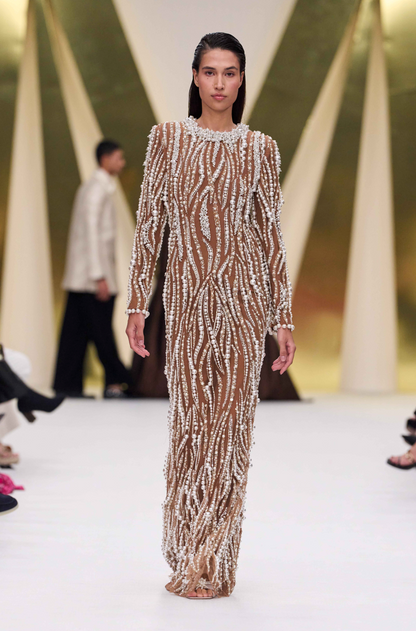 Brown Tulle Pearl Embroidered Gown