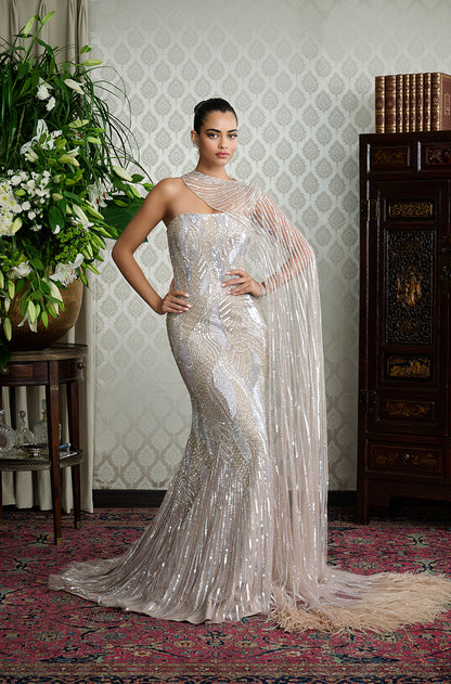 Grey with Gold Sequin Embroidered Gown