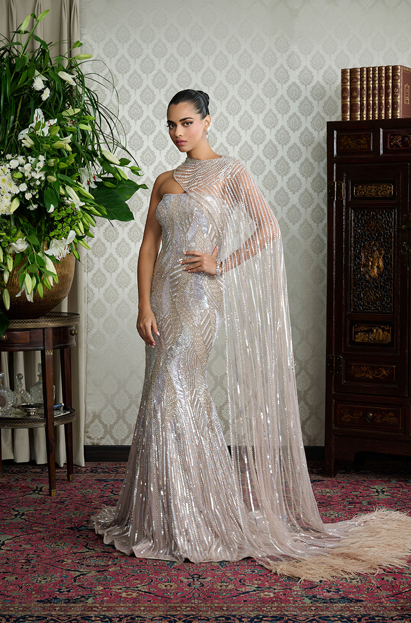 Grey with Gold Sequin Embroidered Gown