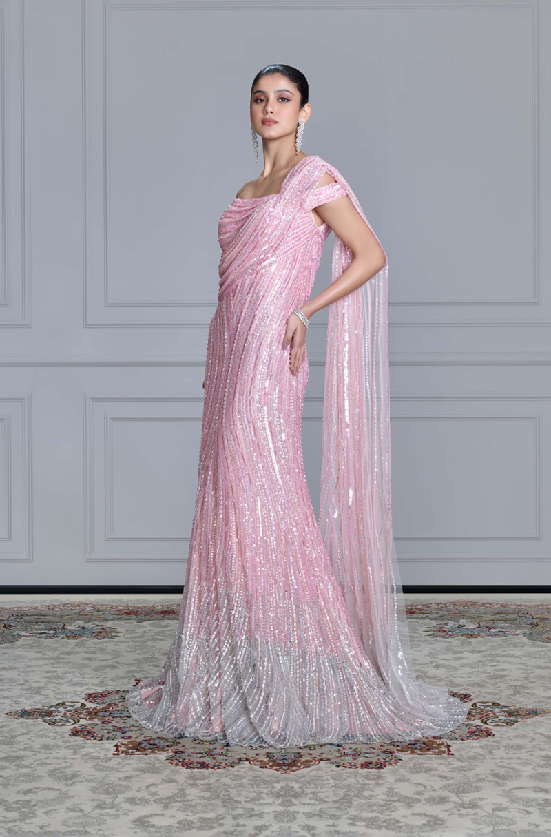 Pink Shaded Tulle Embroidered Gown