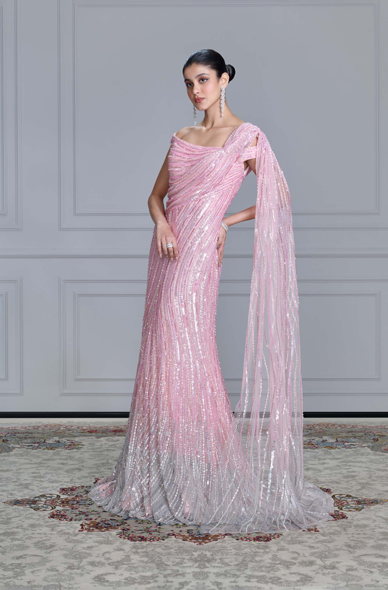 Pink Shaded Tulle Embroidered Gown