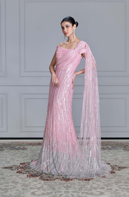 Pink Shaded Tulle Embroidered Gown