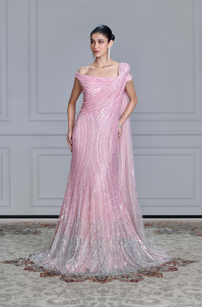 Pink Shaded Tulle Embroidered Gown