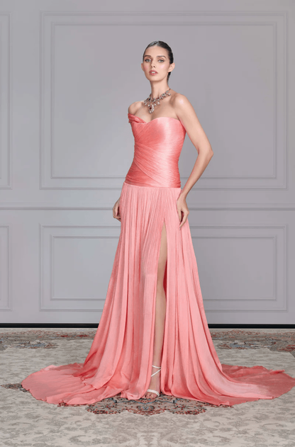 Coral Textured One Shoulder Corset Slit Gown