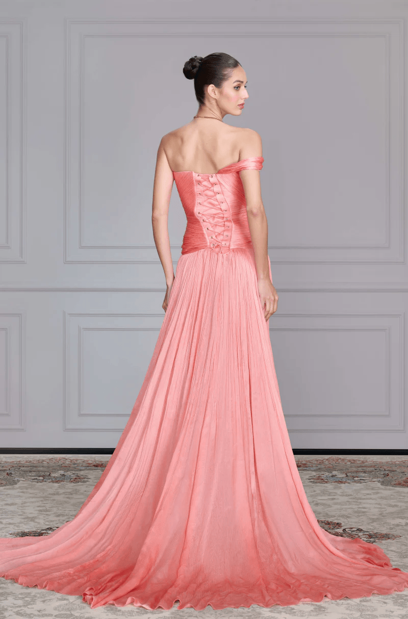 Coral Textured One Shoulder Corset Slit Gown
