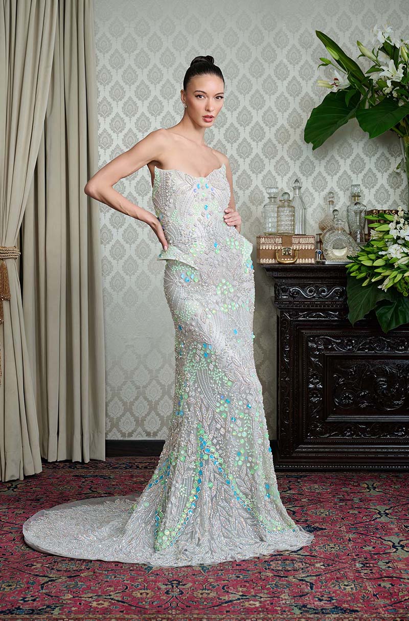 Ivory Crystal Encrusted Structured Gown