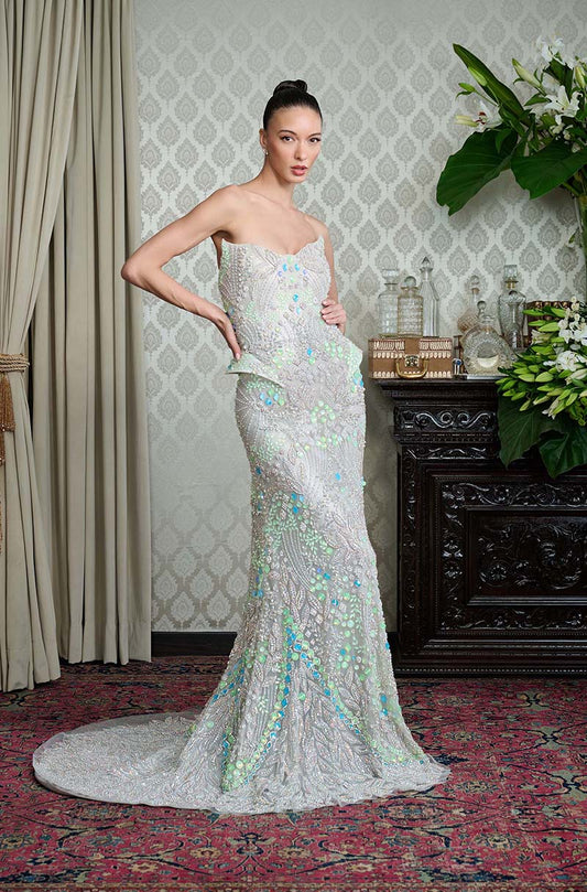 Ivory Crystal Encrusted Structured Gown
