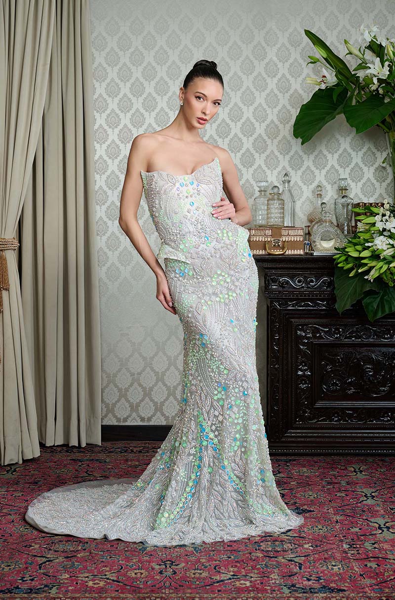 Ivory Crystal Encrusted Structured Gown