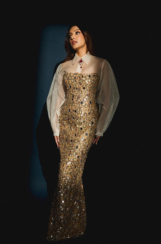 Sahher Bambba in our Gold Uncut Stone & Mirror Embroidered Gown