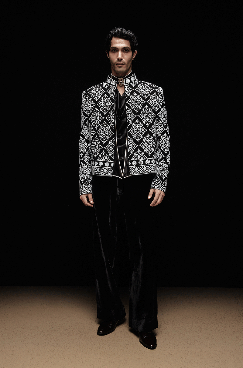 Black with Ivory Mijwan Jacket Set