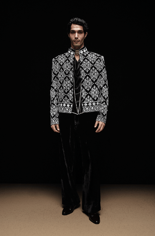Black with Ivory Mijwan Jacket Set