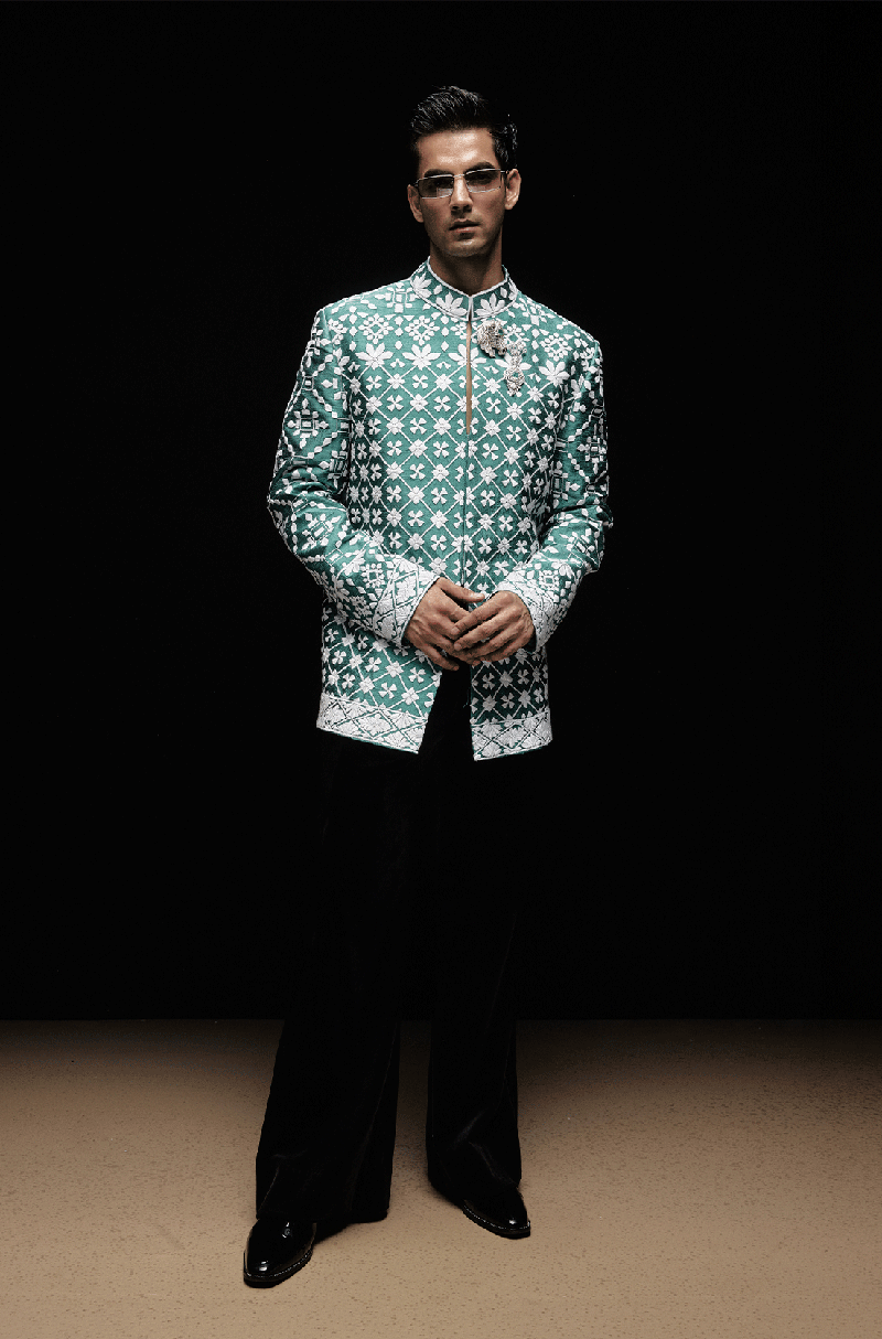Sea Green & Ivory Mijwan Bandhgala Set