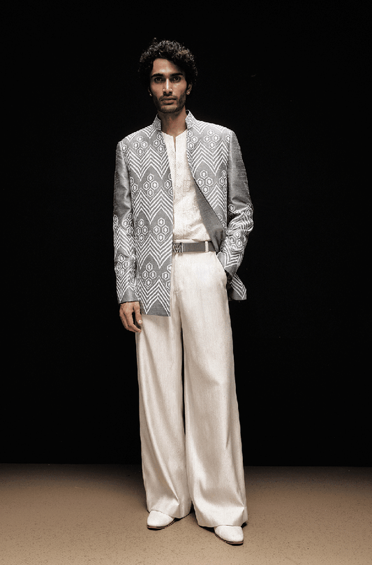 Grey with Ivory Embroidered Mijwan Bandhgala Set