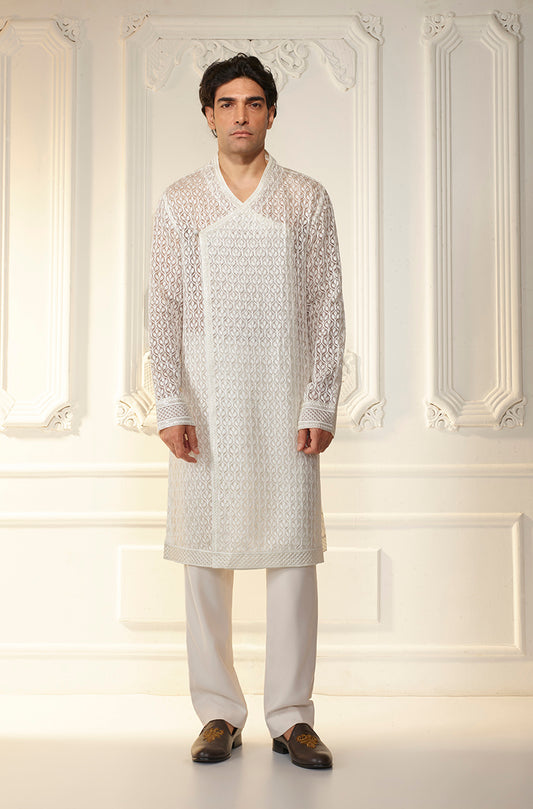 Ivory Lattice Threadwork Angrakha Kurta Set