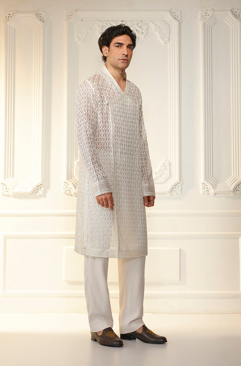 Ivory Lattice Threadwork Angrakha Kurta Set