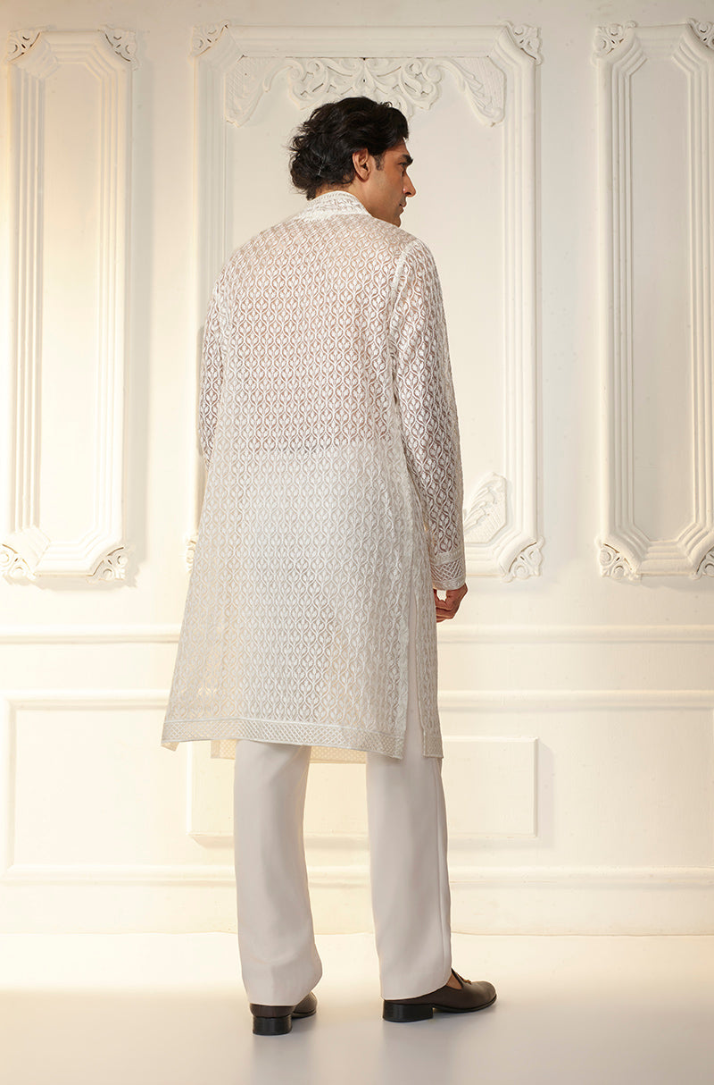 Ivory Lattice Threadwork Angrakha Kurta Set