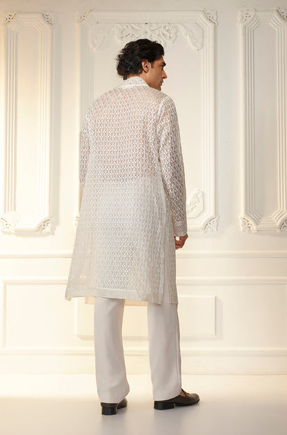 Ivory Lattice Threadwork Angrakha Kurta Set