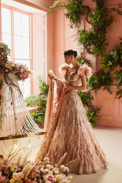 Rose Gold Sequin Feather Embroidered Lehenga Set
