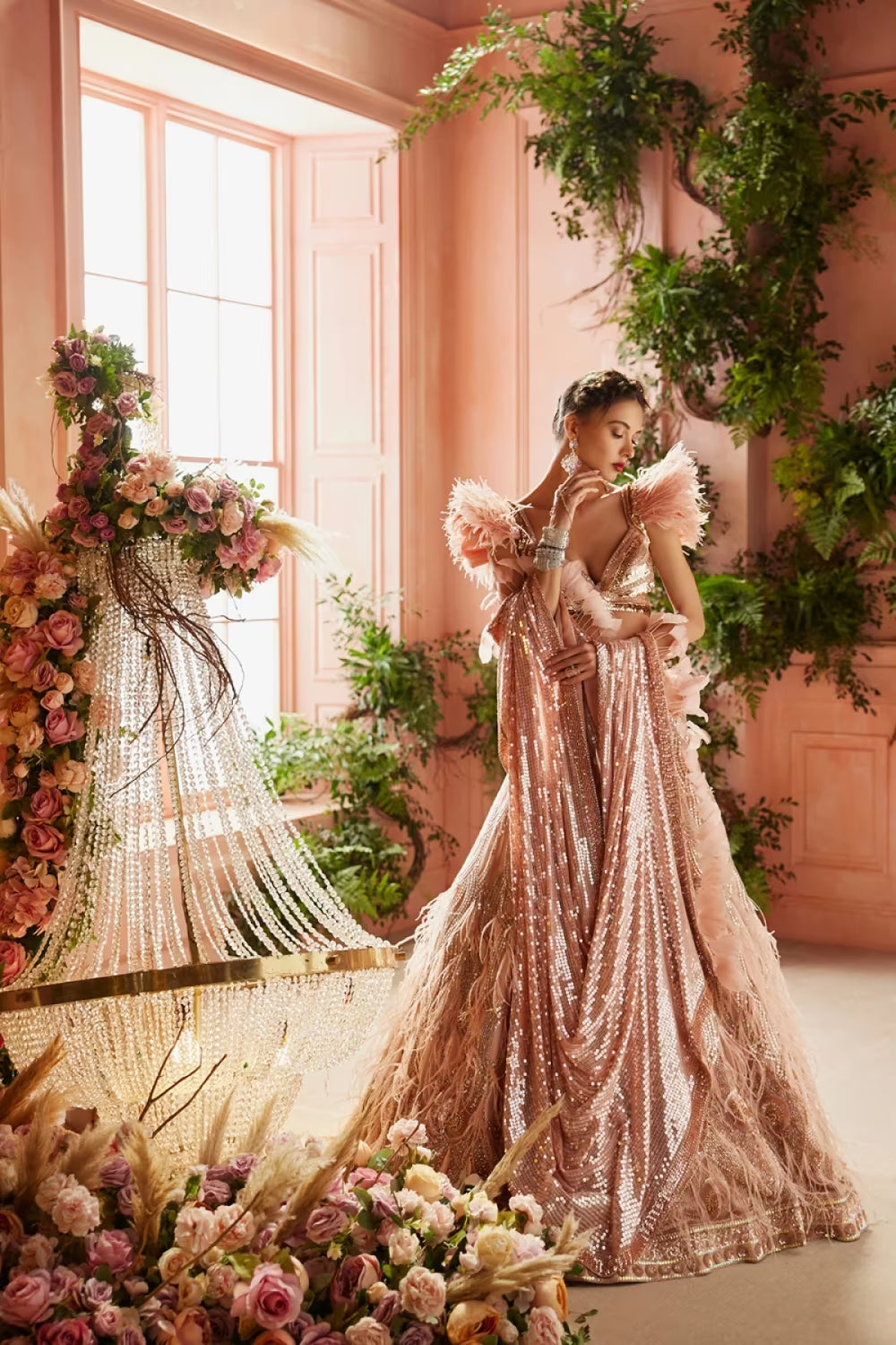 Rose Gold Sequin Feather Embroidered Lehenga Set