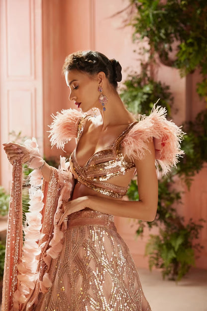 Rose Gold Sequin Feather Embroidered Lehenga Set