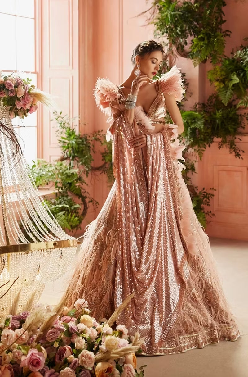 Blush Sequin Feather Embroidered Lehenga Set