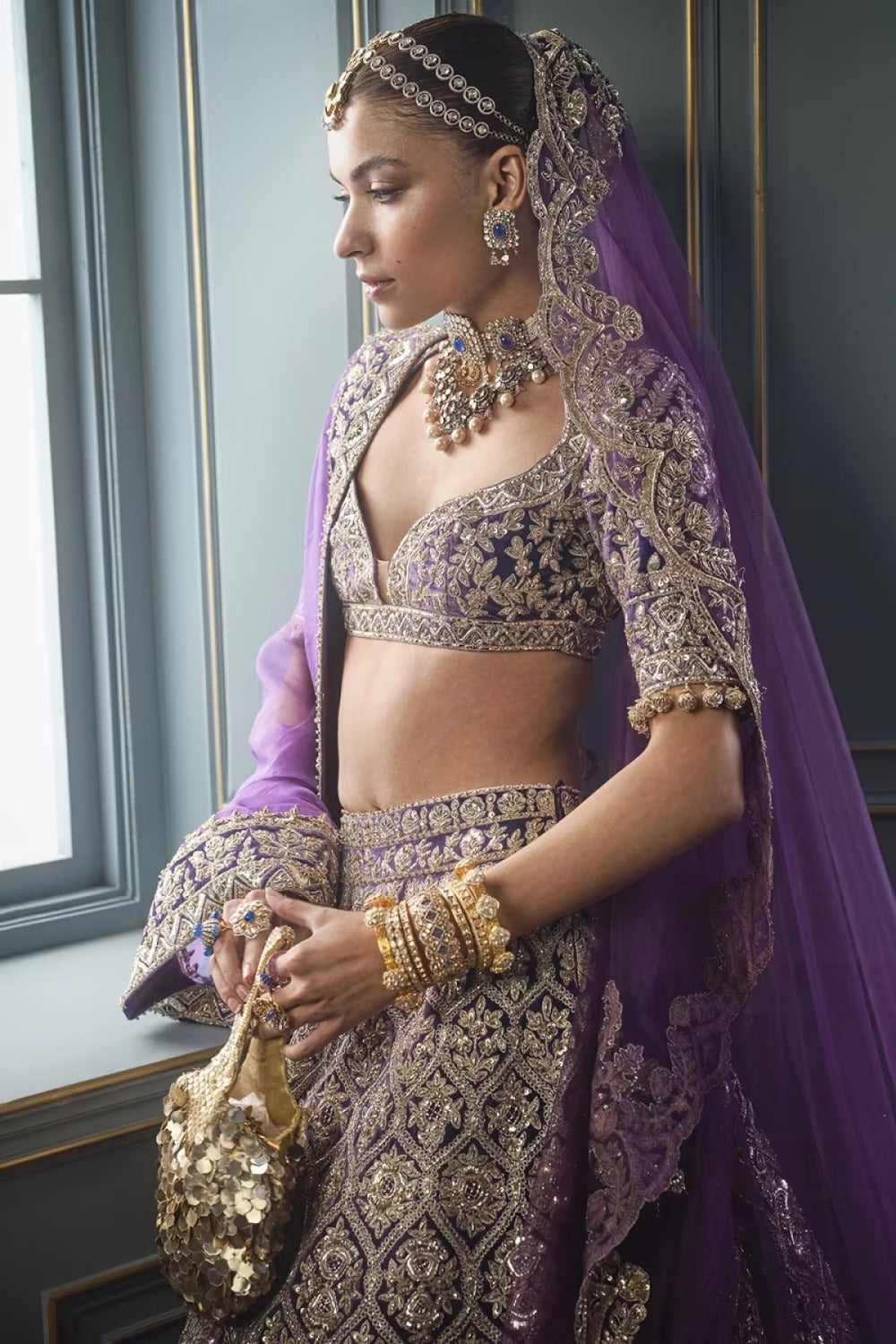 Deep Violet Velvet Embroidered Lehenga Set