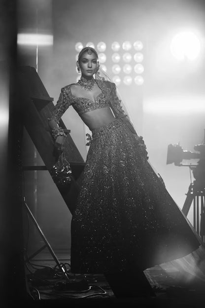 Deep Violet Velvet Embroidered Lehenga Set