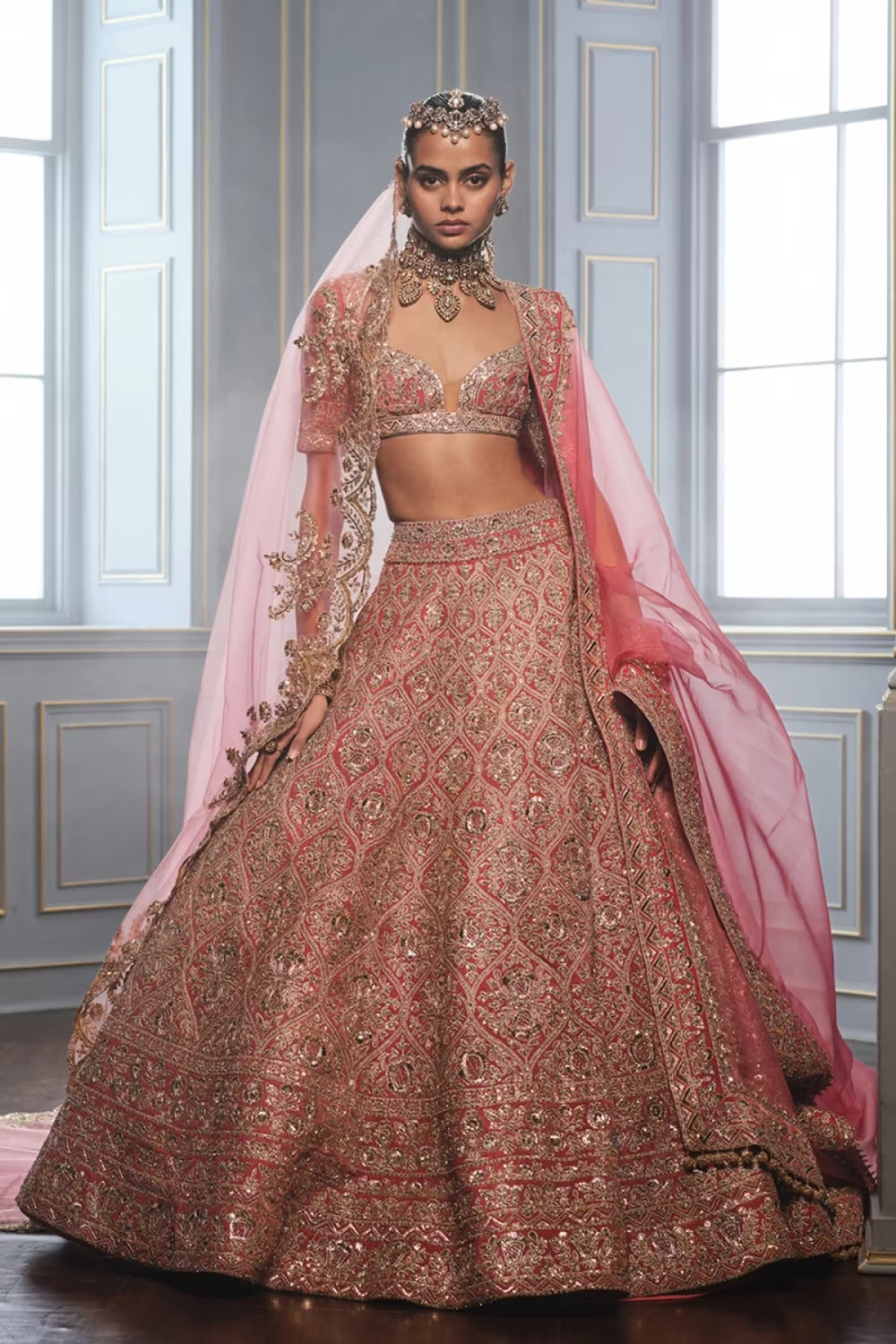 Salmon Pink Velvet Embroidered Lehenga Set