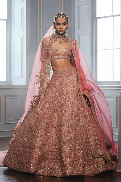 Salmon Pink Velvet Embroidered Lehenga Set
