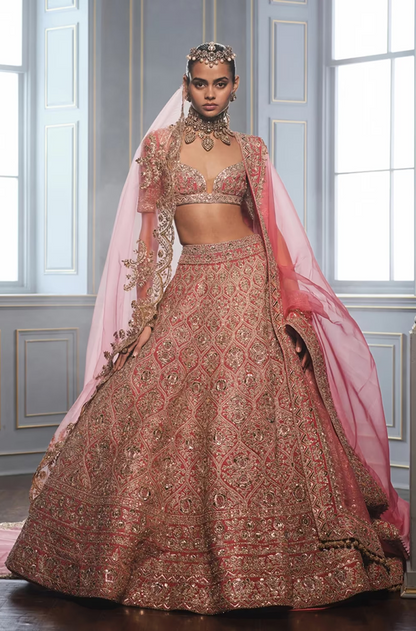 Salmon Pink Velvet Embroidered Lehenga Set