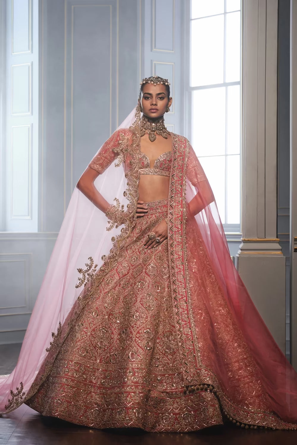Salmon Pink Velvet Embroidered Lehenga Set