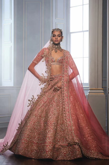 Salmon Pink Velvet Embroidered Lehenga Set