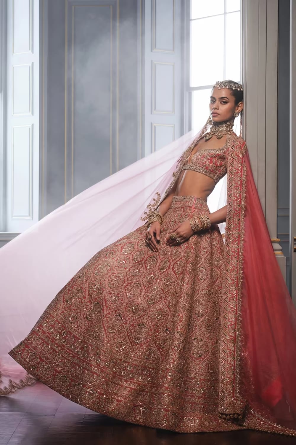 Salmon Pink Velvet Embroidered Lehenga Set