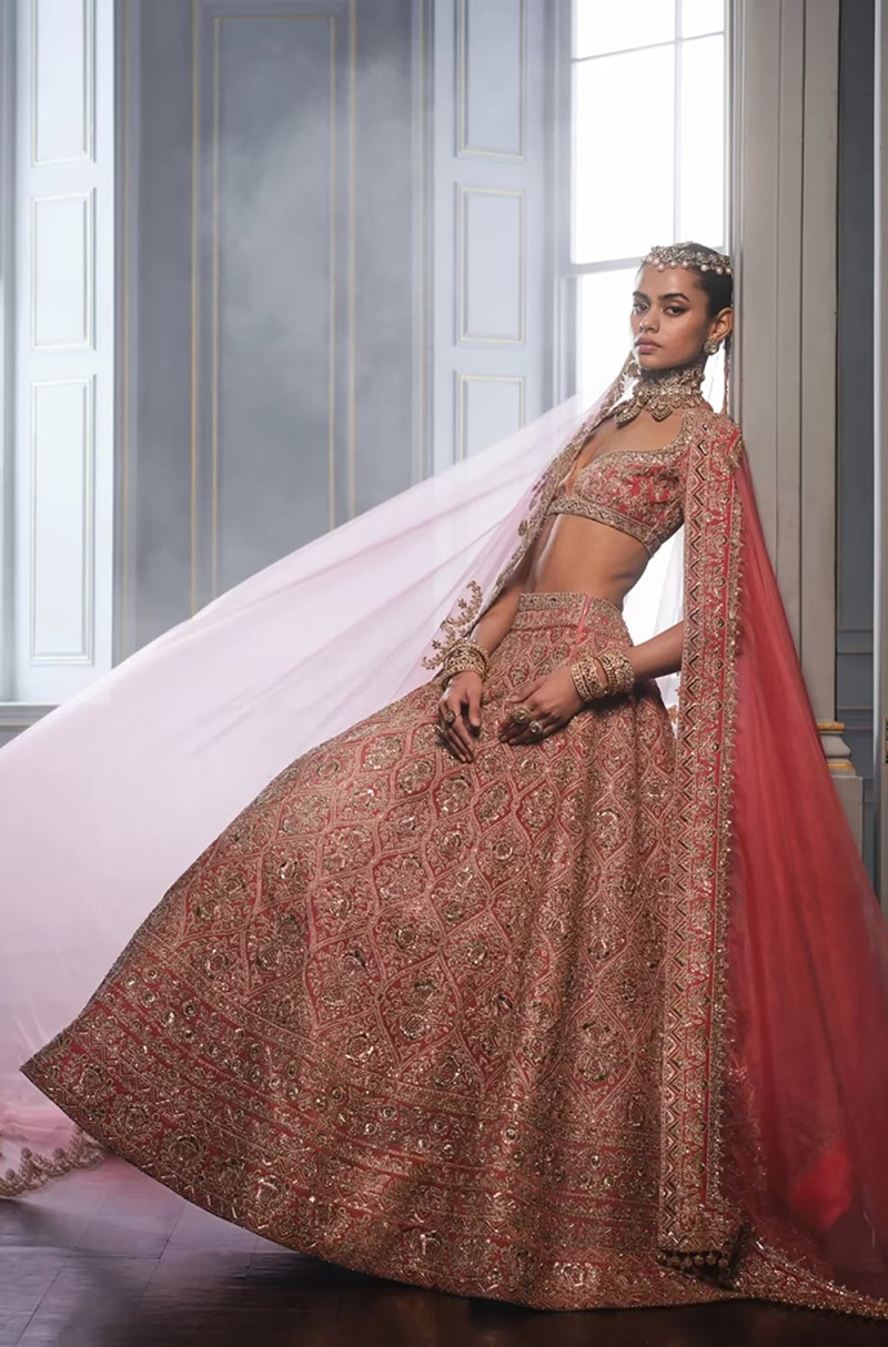 Salmon Pink Velvet Embroidered Lehenga Set