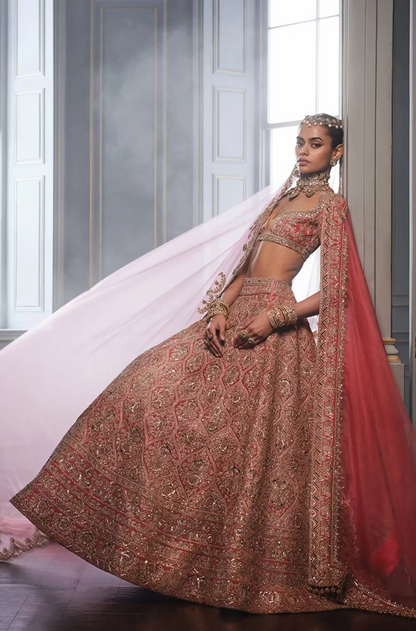 Salmon Pink Velvet Embroidered Lehenga Set