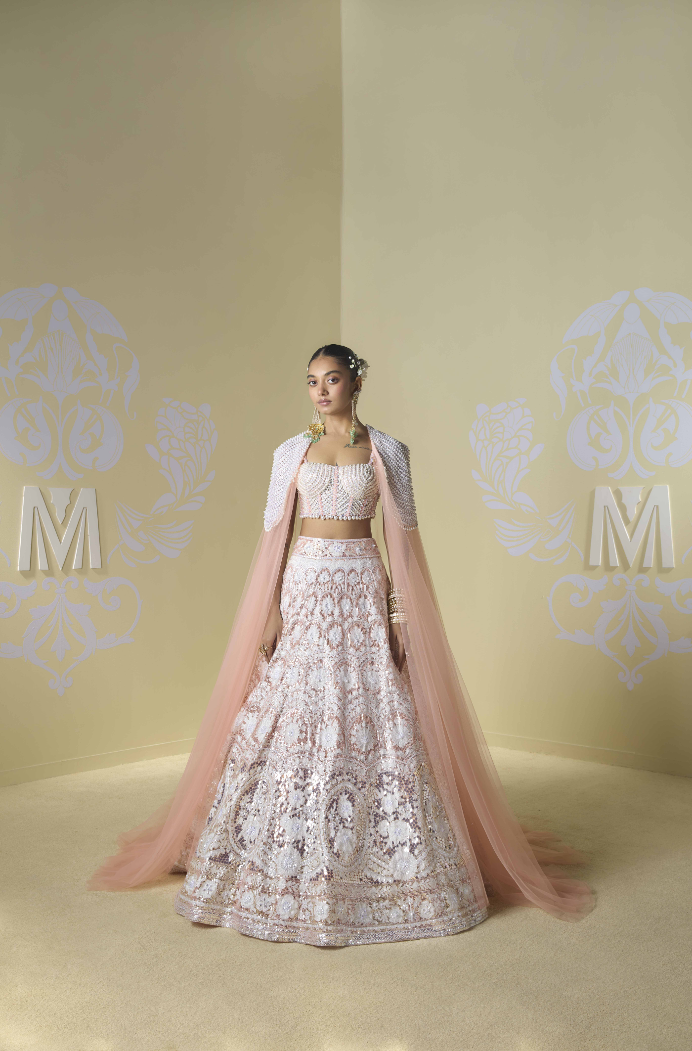 Peach and Ivory Kashmiri Encrusted Lehenga Set
