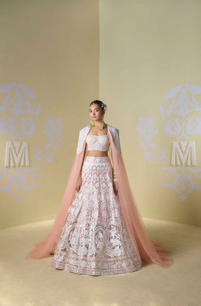Peach and Ivory Kashmiri Encrusted Lehenga Set