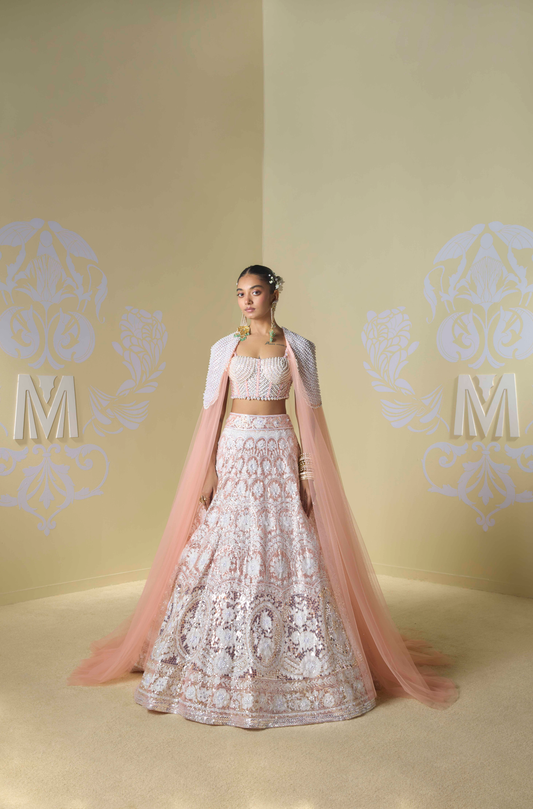 Peach and Ivory Kashmiri Encrusted Lehenga Set