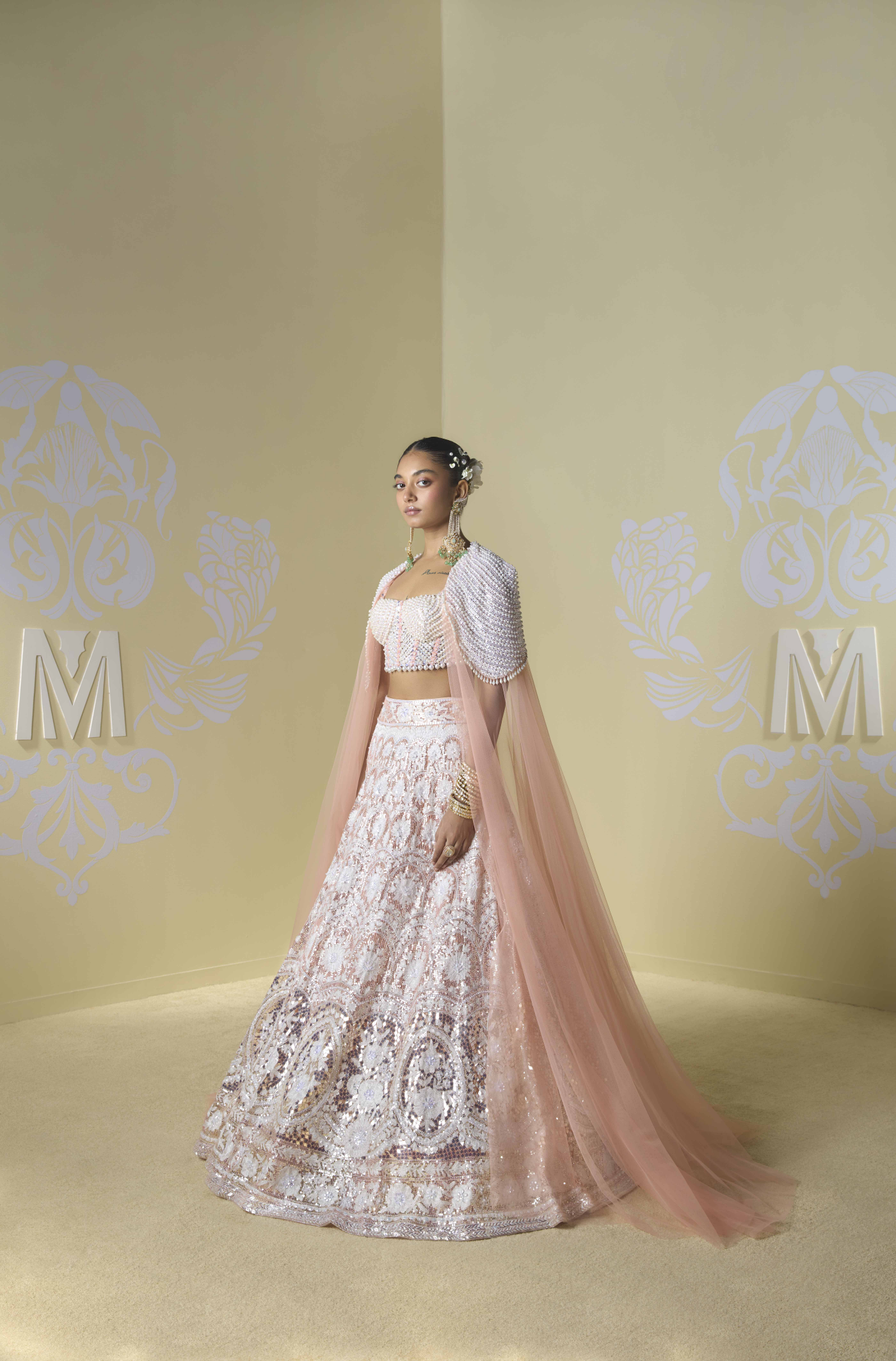 Peach and Ivory Kashmiri Encrusted Lehenga Set