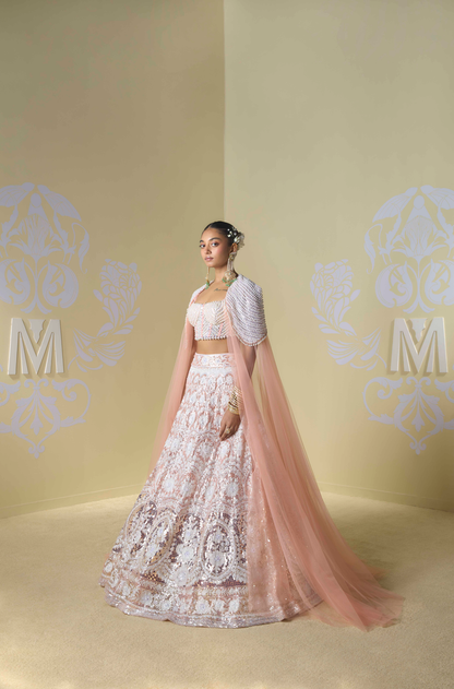 Peach and Ivory Kashmiri Encrusted Lehenga Set