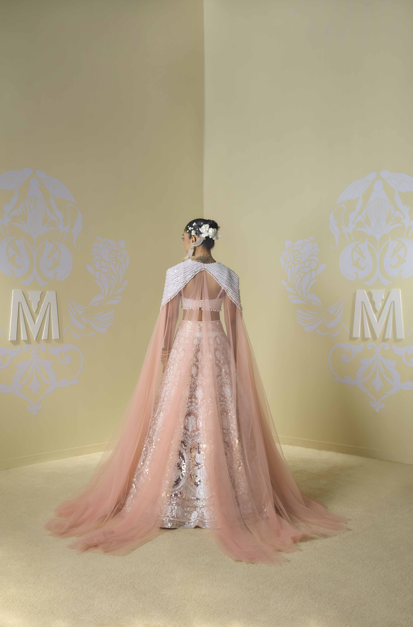 Peach and Ivory Kashmiri Encrusted Lehenga Set