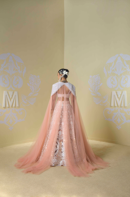 Peach and Ivory Kashmiri Encrusted Lehenga Set