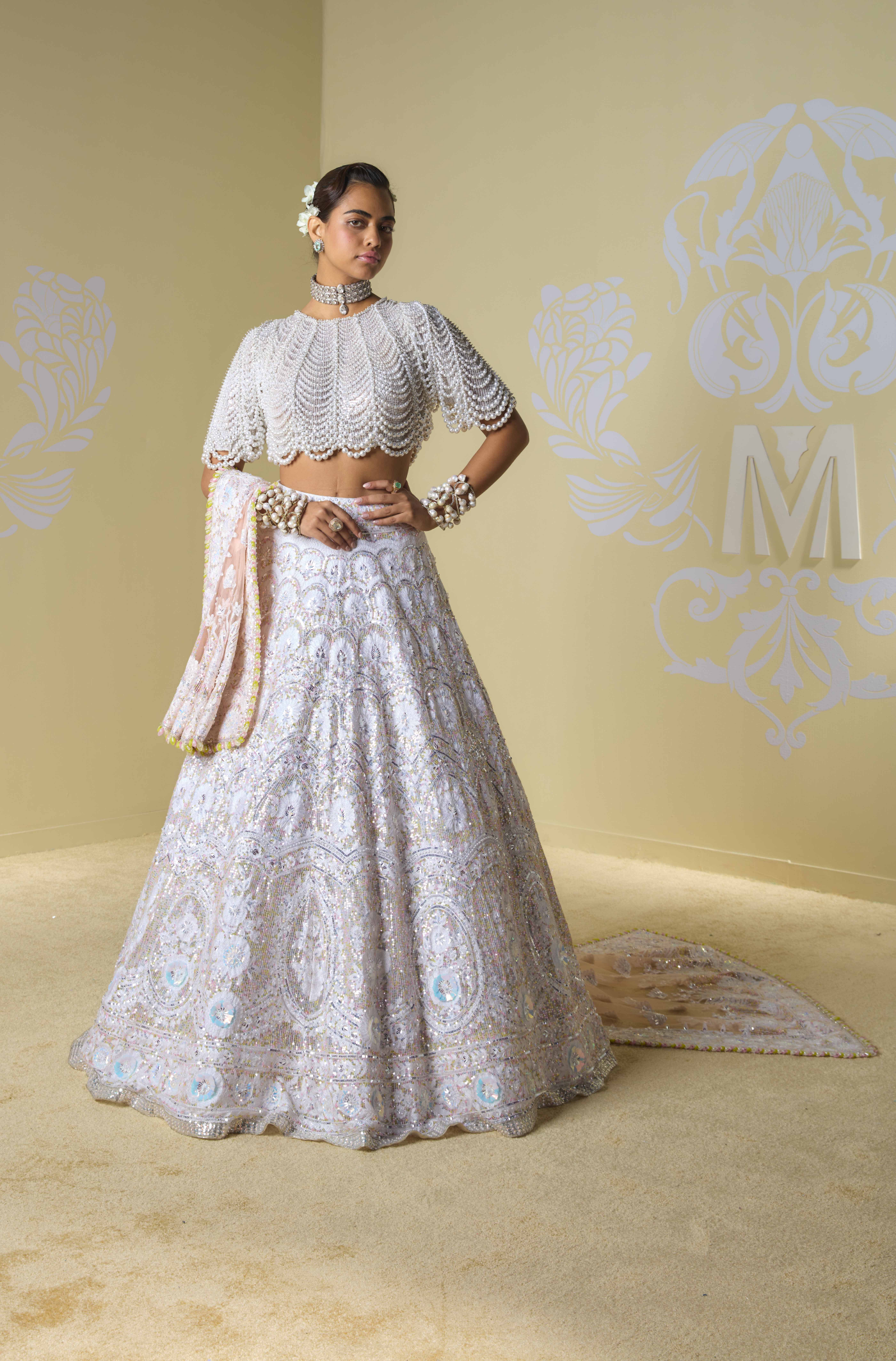 Ivory Scallop Kashmiri Embroidered Lehenga Set