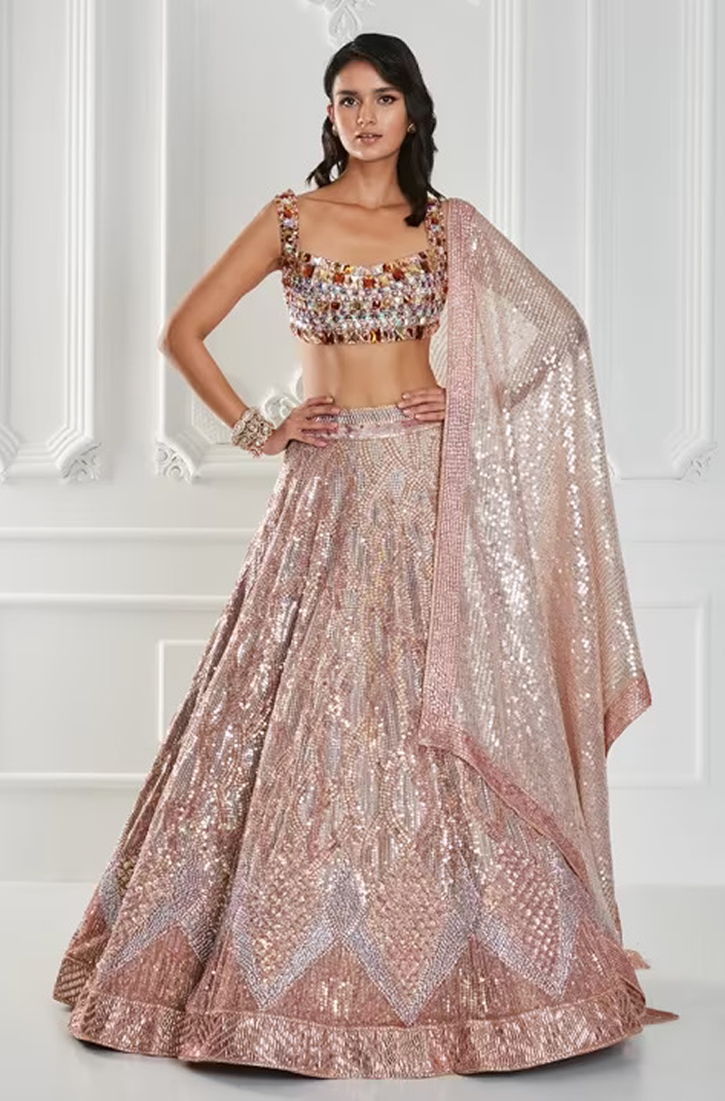 Peach Organza Sequin Lehenga Set