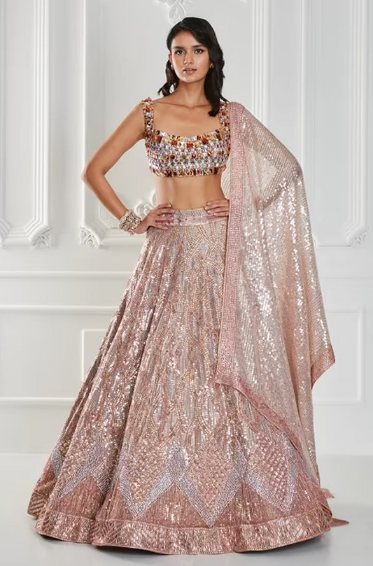Peach Organza Sequin Lehenga Set